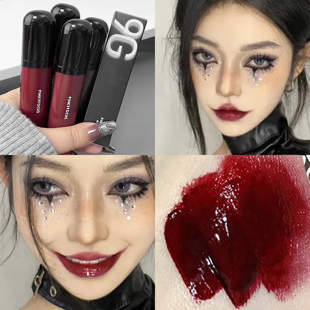 Brillo de labios de espejo negro duradero, resistente al agua, duradero, luz de agua, rojo oscuro, tinte de labios Sexy, lápiz labial líquido hidratante, maquillaje cosmético