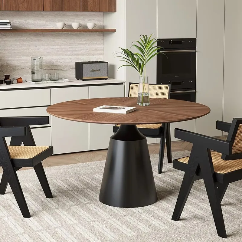 Simple Luxury Wooden Dining Table Round Mosaic Wooden Top With Carbon Steel Dining Room Table Classic Small Dinner Room Table