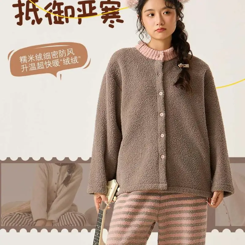 

Winter Women's Pajama Set Coral Fleece Wearable As Outerwear Soft Sleepwear Keep Warm Nightwear Student Pj Set Thicken Homewear