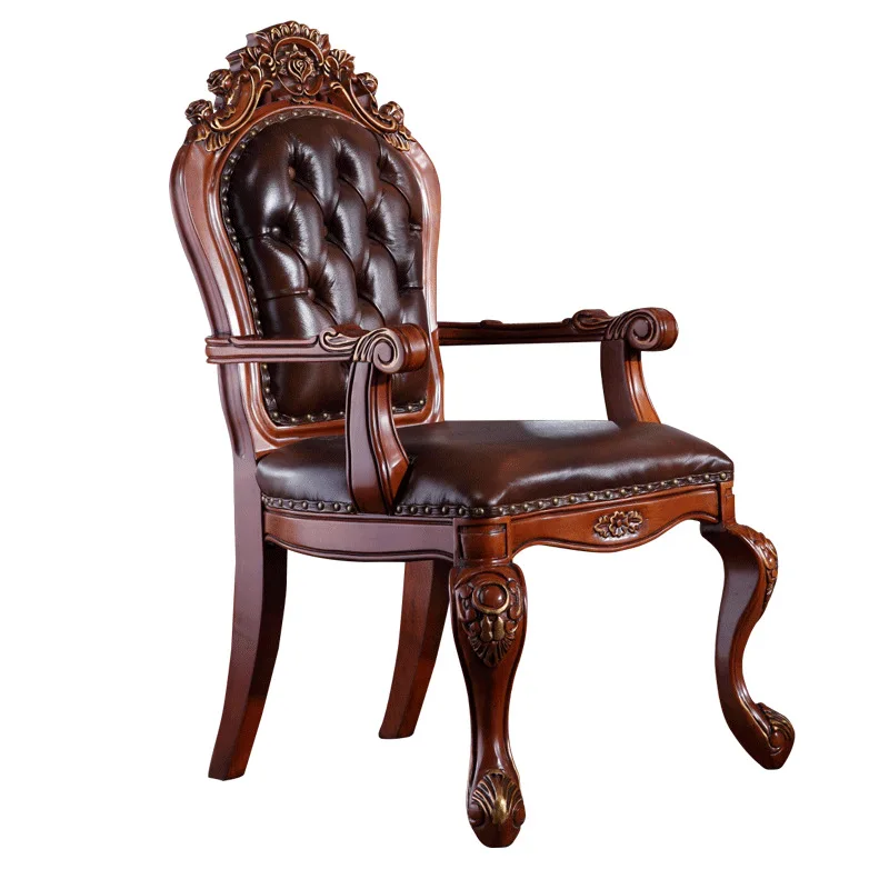 

American solid wood back dining chair, European carved leather study leisure chair