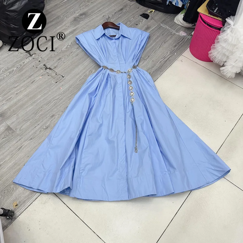 

[ZOCI] line Australian French standing collar sleeveless waist cinched shirt dress, high-end long dress A1#8635