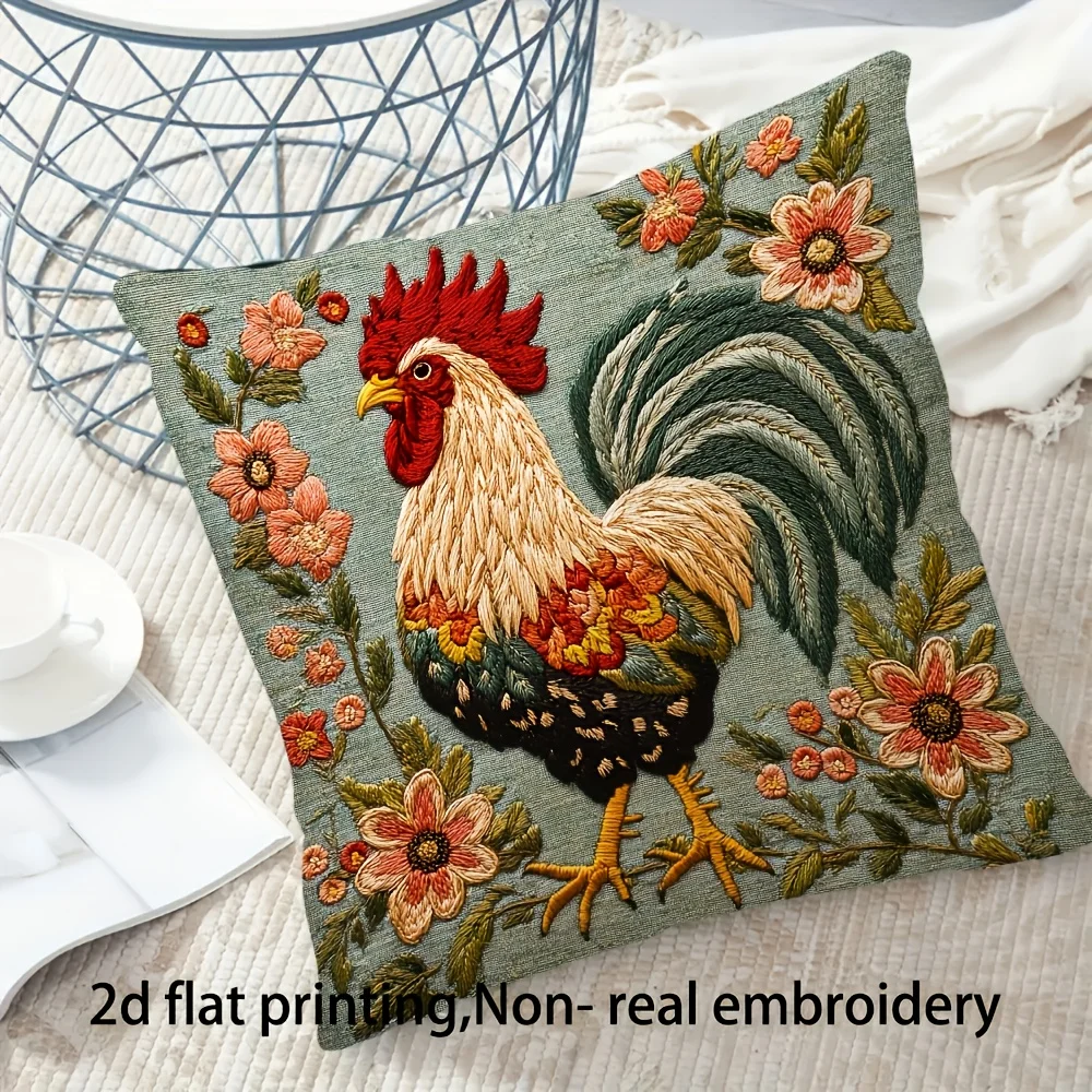 Vintage Rooster Floral Pillow Cover 2D  Print Farmhouse Rooster Cushion Case for Sofa Bed Couch Rustic Home Decor