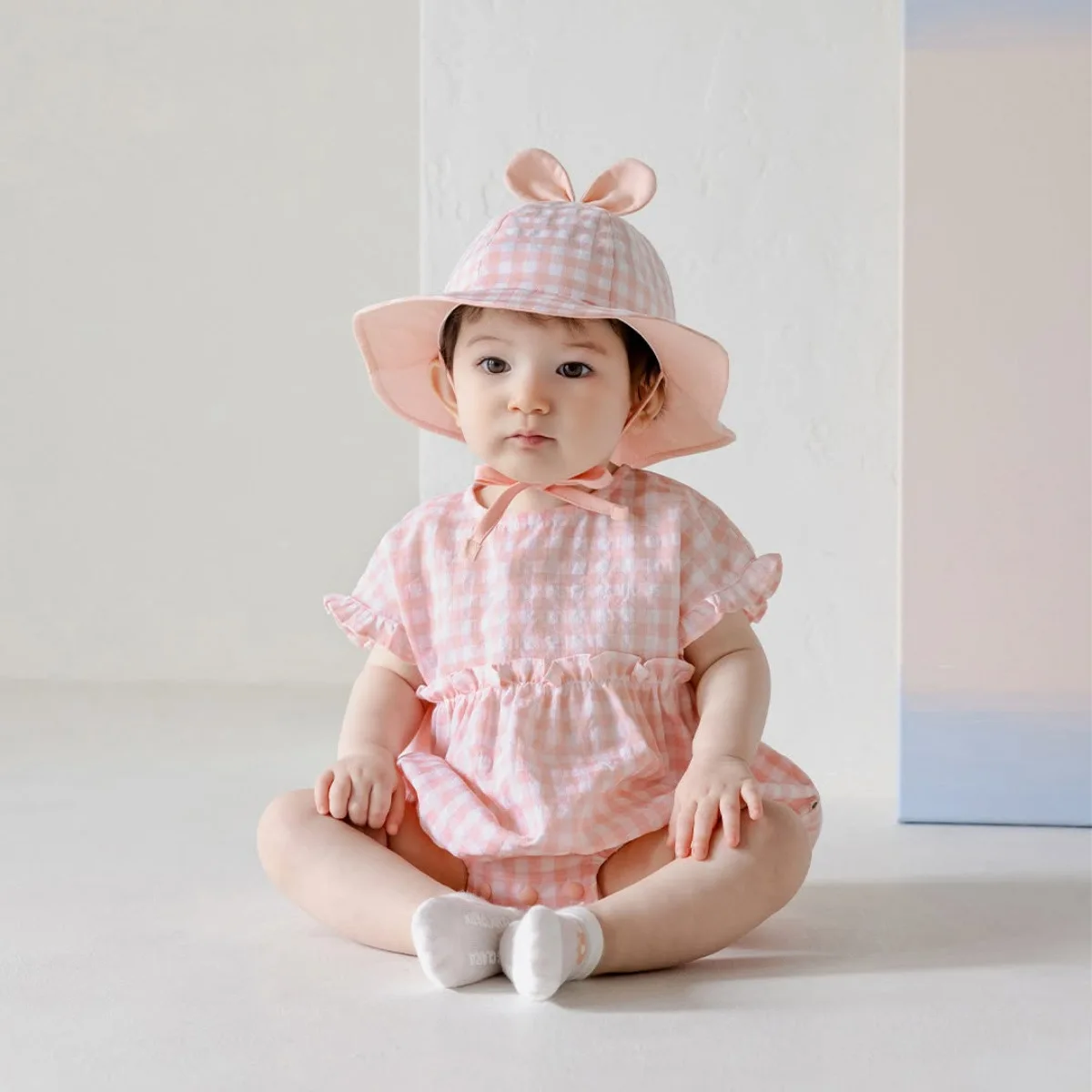 2026 Summer New Baby Sleeveless Bodysuit + Hat Infant Girl Sweet Ruffle Plaid Jumpsuit Thin Cotton Newborn Clothes 0-24M