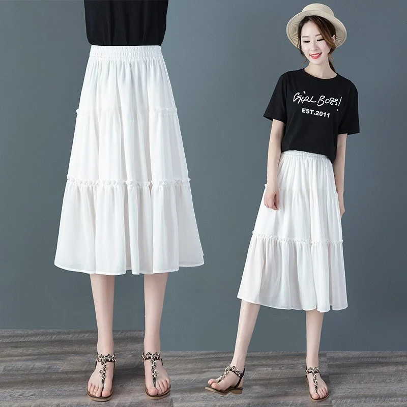 

Bla Chiffon High Waist Pleated Skirt Women's Mid-Length Cake Skirt Slimming Busin Casual Polyester Fiber Summer New Arrival
