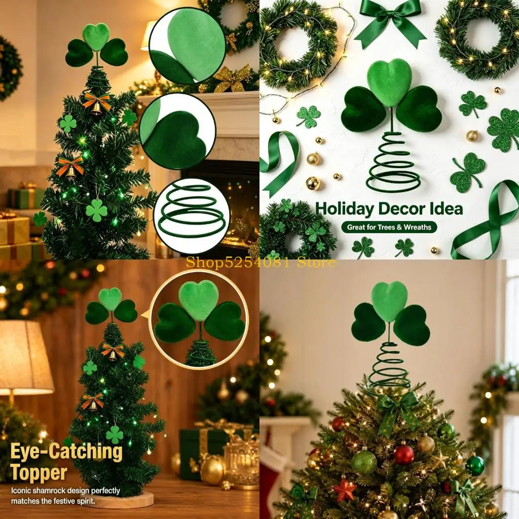 AXYC Soft Fabric Tree Top Ornament for Christmas, with Contrasting Green Leaves Form, Iron Wire Support, and Open Coil Base for