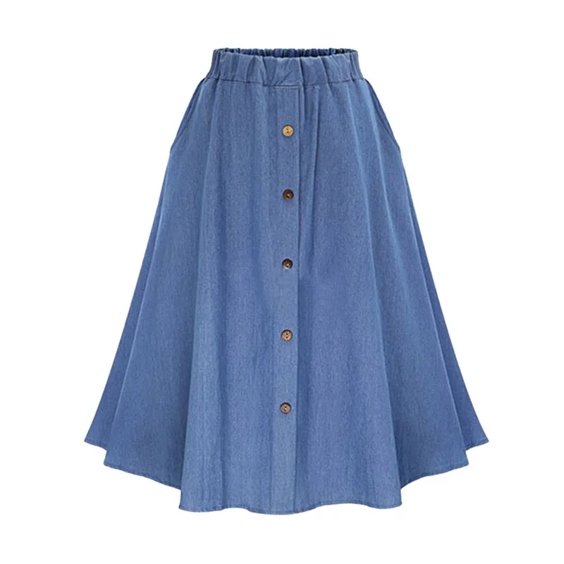 Women's Denim Jean Skirt High Waist Button Pleated Midi Skirt With Elastic Waist Knee Length Summer Dress