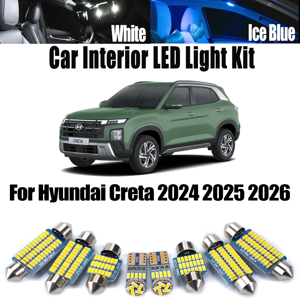 

11Pcs Canbus No Error Indoor Map Dome Trunk Bulbs For New Hyundai Creta 2024 2025 2026 Car LED Interior Vanity Mirror Light Kit