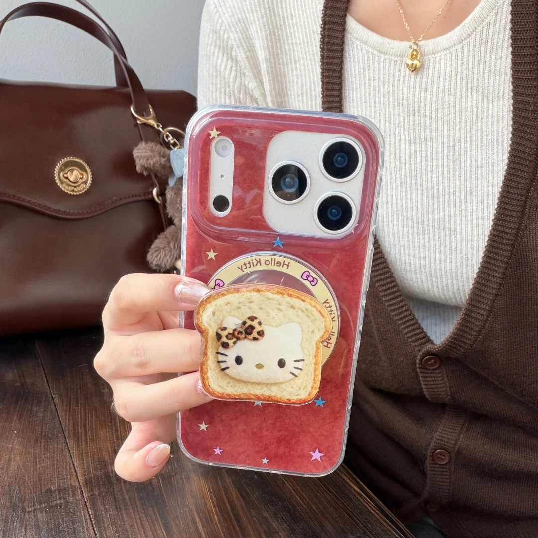 

HelloKitty Minimalist Wine Red Magnetic Phone Case For iPhone 17 15 14 16 Pro Max Cover with Rotating Stand For Magsafe Case