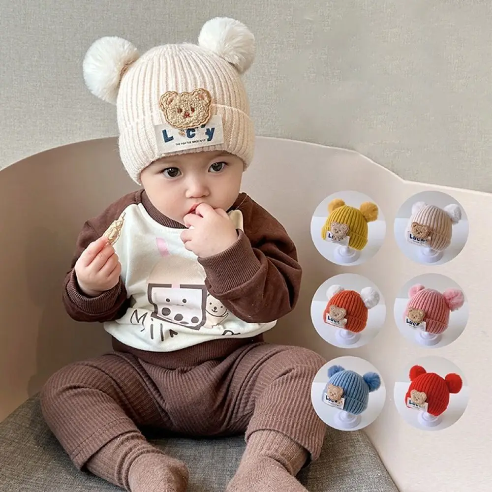 0-3Year Windproof Solid Color Baby Knitted Hat Plush Ball Cute Winter Hat Soft Cartoon Children Warm Cap Baby Children Kids