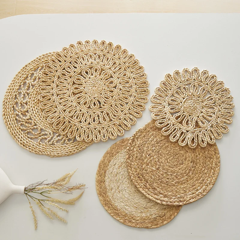 1pcs Boho Round Woven Placemats Braided Heat Resistant Non-Slip Weave Water Hyacinth Table Mats  for Dining Table