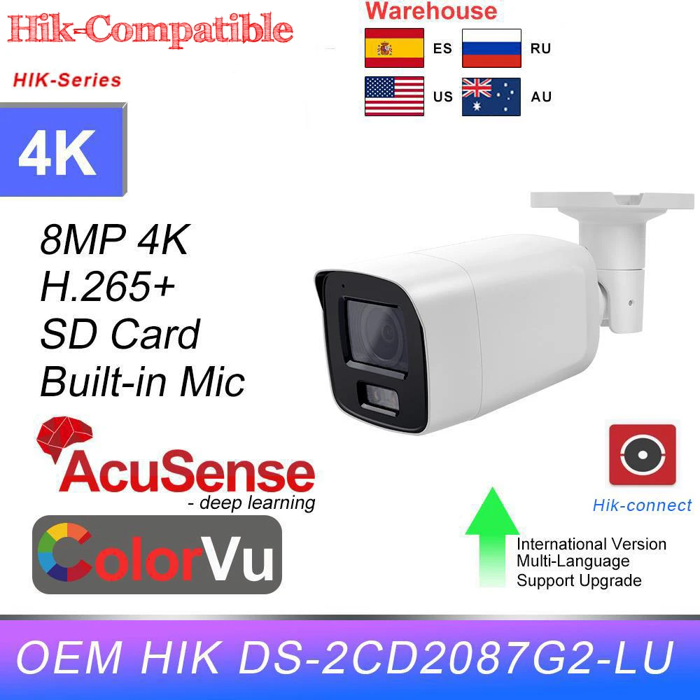 

OEM HIK 8-мегапиксельная цилиндрическая IP-камера ColorVu заменяет DS-2CD2087G2-LU AcuSense со встроенным микрофоном, обнаружение человека и транспортных средств, IPC