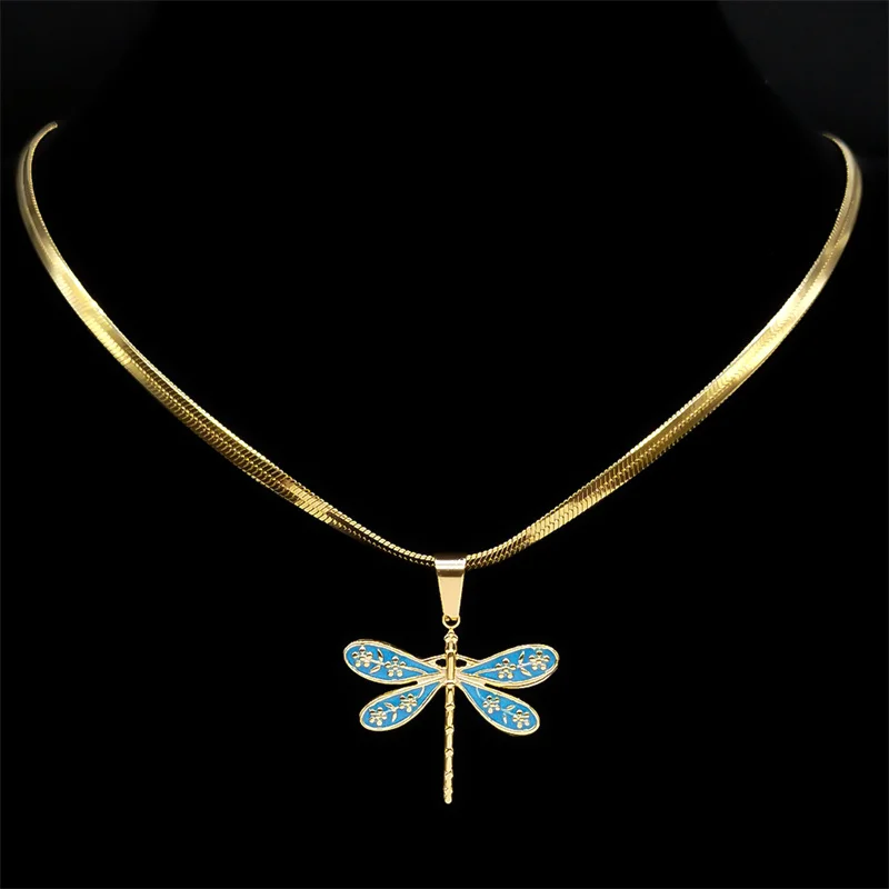 Vintage Personality Dragonfly Pendant Necklace For Women Stainless Steel Gold Color Clavicle Chain Necklaces Jewelry NZZZ402S04