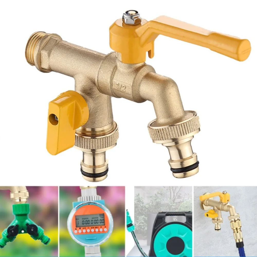 

2-Way Garden Hose Faucet Adapter Wall Mounted Anti Freezing Irrigation Brass Tap Joint Ball Valve Heat-resistant