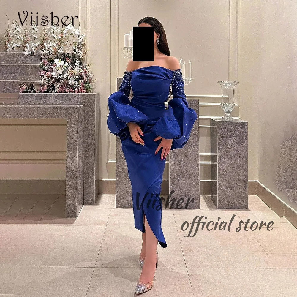 

Viisher Blue Satin Mermaid Evening Dresses 3/4 Sleeve Pleats Strapless Prom Party Dress With Slit Arabic Dubai Evening Gowns