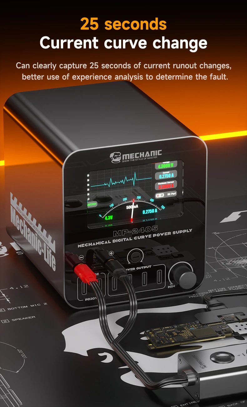 【MECHANIC】 Digitales Netzteil, 24 V, 5 A, Spannungs-/Stromdetektor mit mehreren Anschlüssen, 3,2-Zoll-Display, 3 Mech-Modi, Überlastschutz