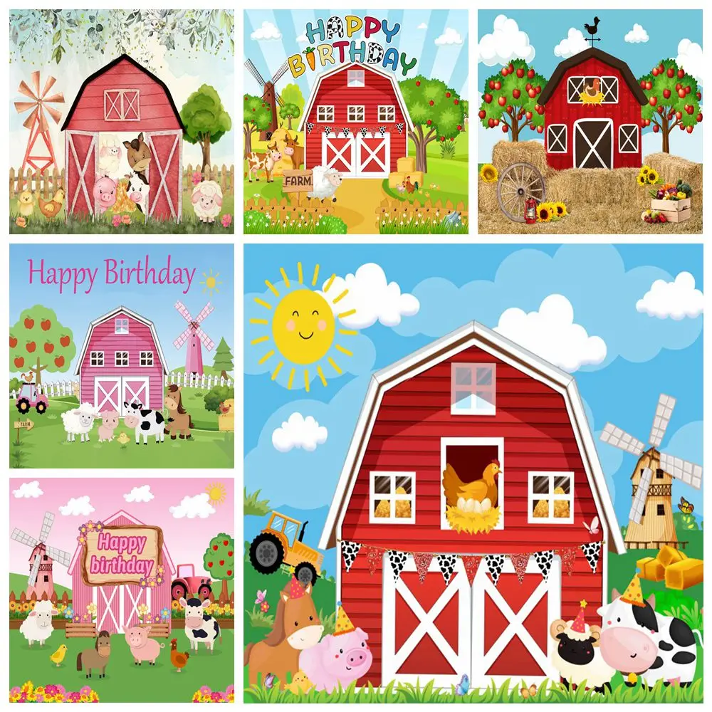 Cartoon Farm Barn Animals Backdrop Cow Farm Orchard Trees Blue Sky Baby Shower Kids Birthday Party Photography Background Decor