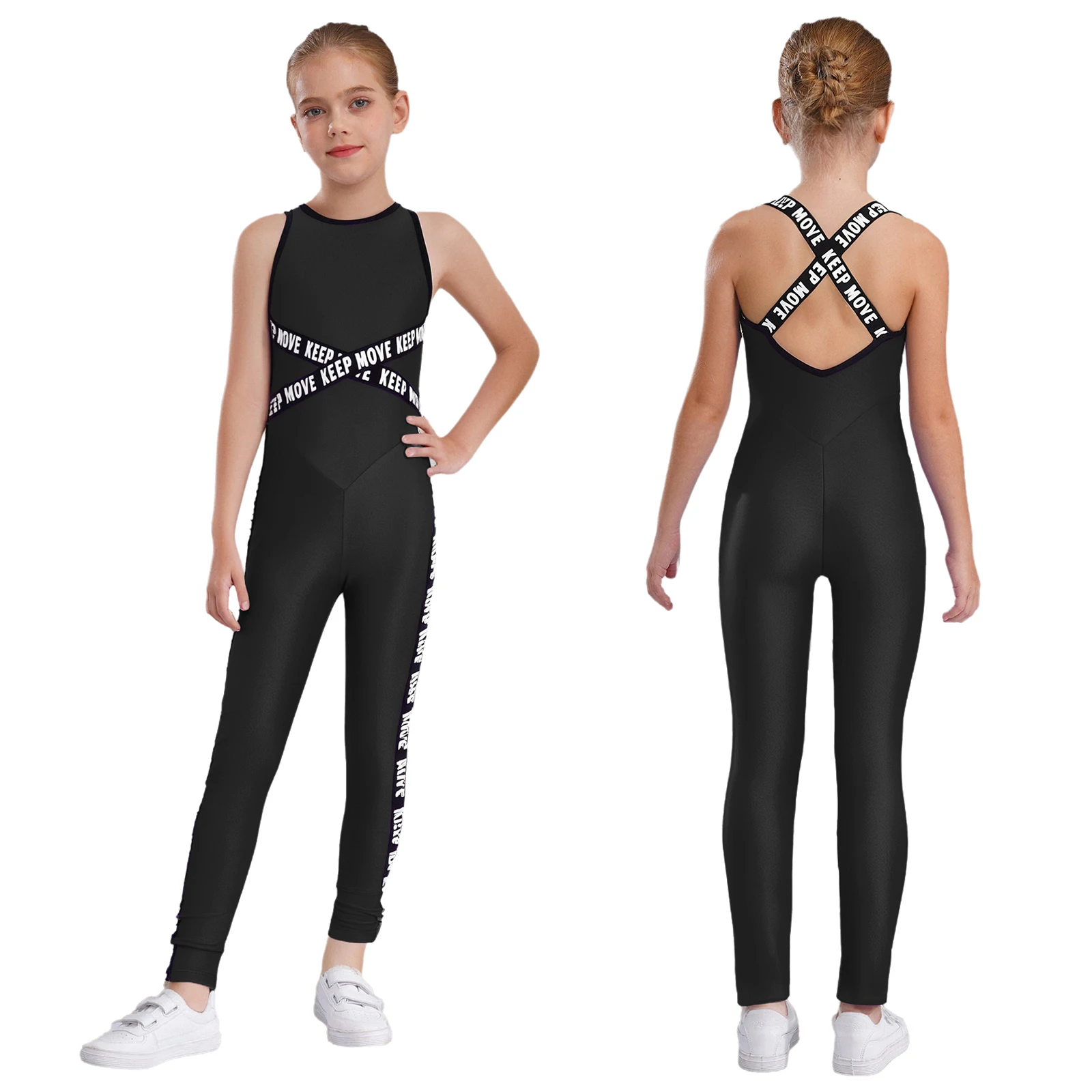 

Kids Girls Gymnastics Yoga Activewear Letter Printed Sports Jumpsuit Sleeveless Cross Back Bodysuit for Workout Running Yoga