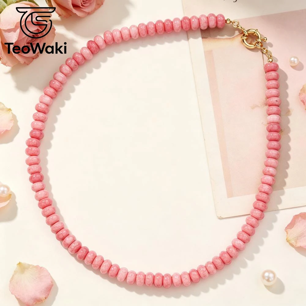 TeoWaki Dainty Dark Red Crackle Flat Crystal Necklace Fixed Main Length Steering Wheel Clamp Soft Tone Collarbone Accessory 40cm