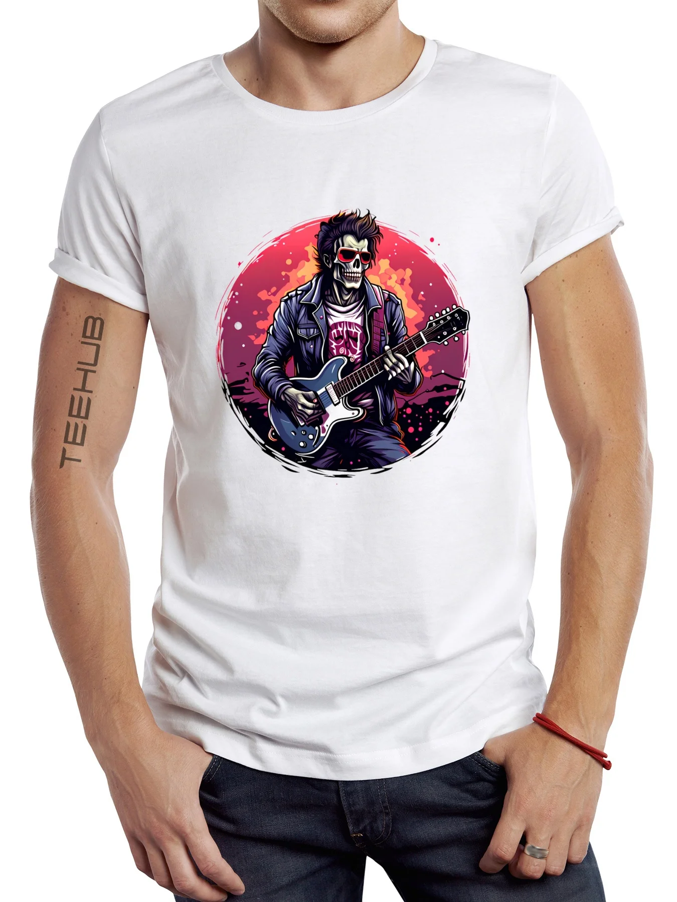 Teehub-男性用ヒップスターTシャツ,クールな頭蓋骨Tシャツ,ゾンビロックプリントのトップス,半袖,ファッショナブル,新品,25