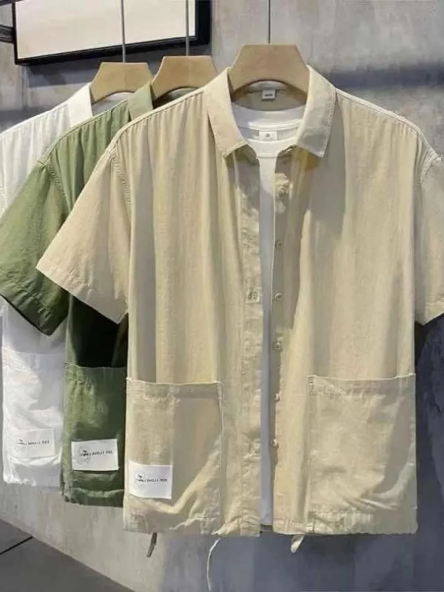 

Casual Summer ort Sve irt Men's Pure Color Flip Collar Big ket irt f Sve irt Trendy Brand Lightweight irt