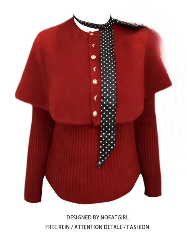 

plus Size Cisas Aosphere Red Knitted Coat Sweater Women's Winter Slimming Top Button-Up Korean Sle Long Sve Crew Ne