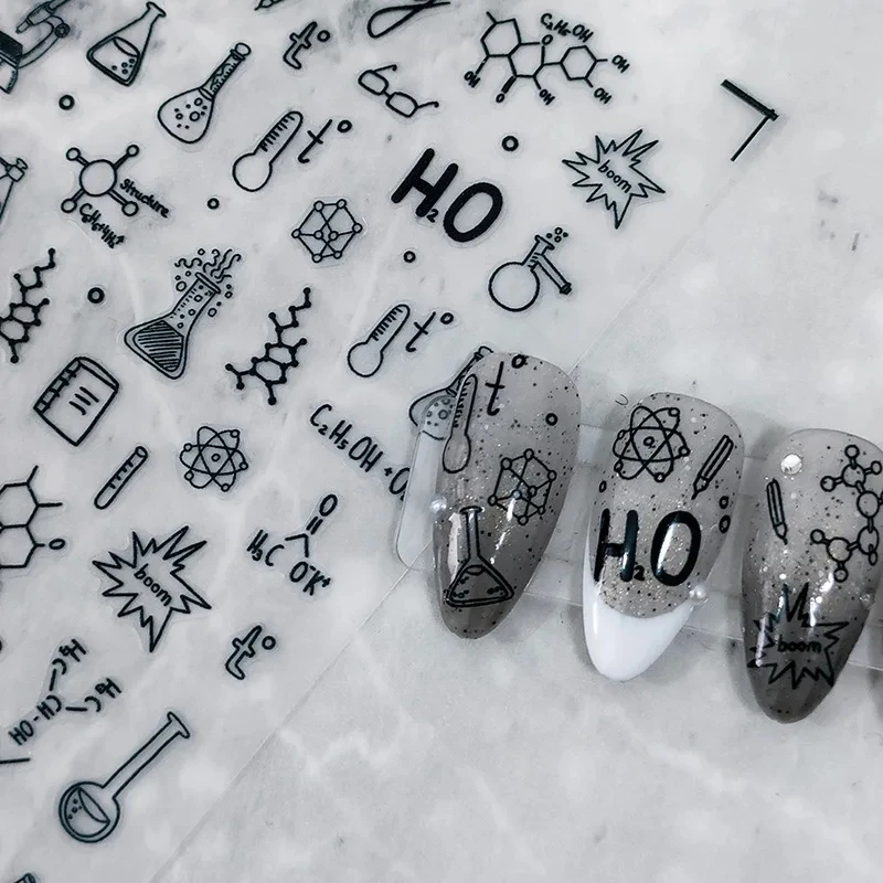 Chemistry Elements 5D Self Adhesive Nail Art Stickers White Moon Stars Cloud Butterfly Transparent Manicure Decals Wholesale