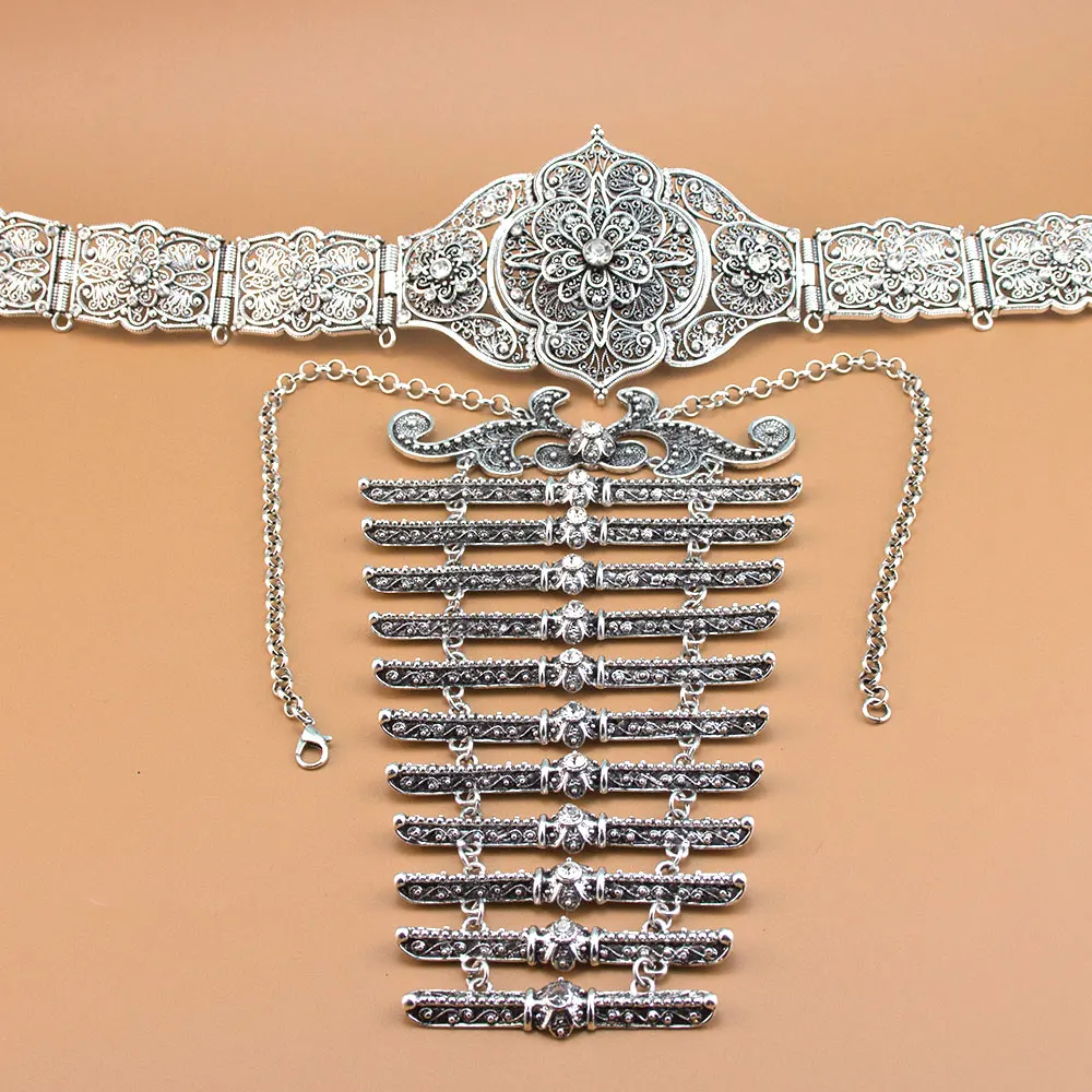 Sunspicems Retro Silver Color Caucasus Women Belt Breastplate Bridal Jewelry Sets Turkish Dress Belt Waist Chain Adjustable