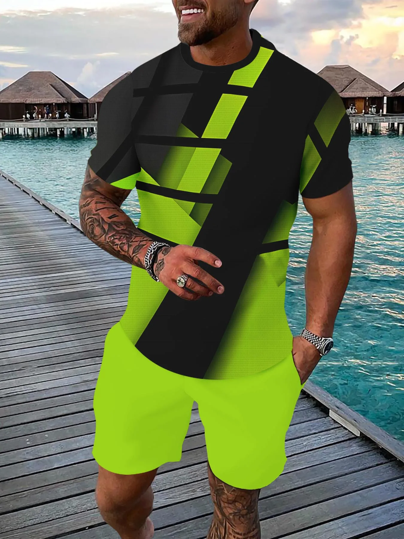 

The new men's set for summer 2025 featuring 3D geometric abstract streetwear is fashionable and casual