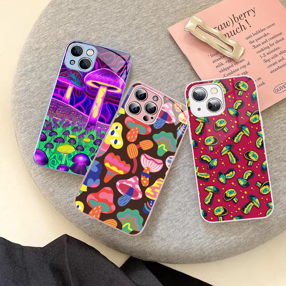 

Colorful Mushroom Phone Case Tempered Glass For Iphone 14 13 12 11 Pro Mini XS MAX 14Plus X XS XR Fundas