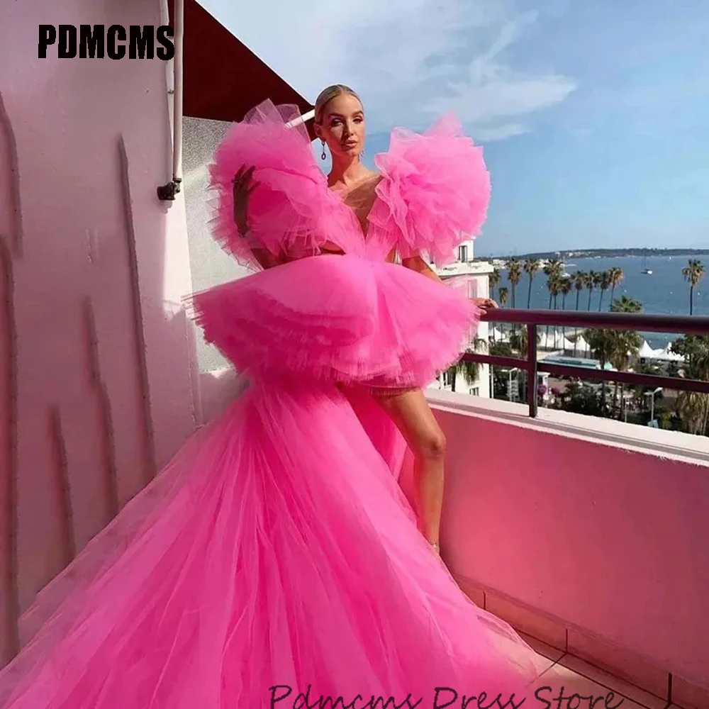 PDMCMS Deep V Neck Pink Prom Dresses High Low Backless Sexy Pageant Dress Tiered Tulle Long Formal Evening Special Party Gowns