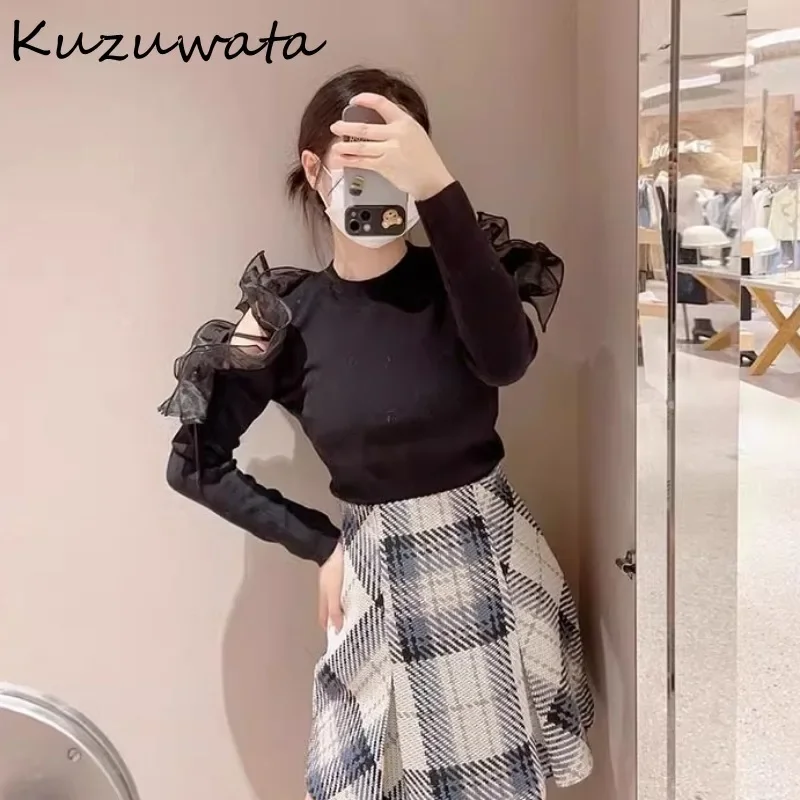 Kuzuwata O Neck z długim rękawem słodki, świeży sweter na ramię bez ramiączek jednolita, elegancka grzyb swetry japonia modne swetry z dzianiny