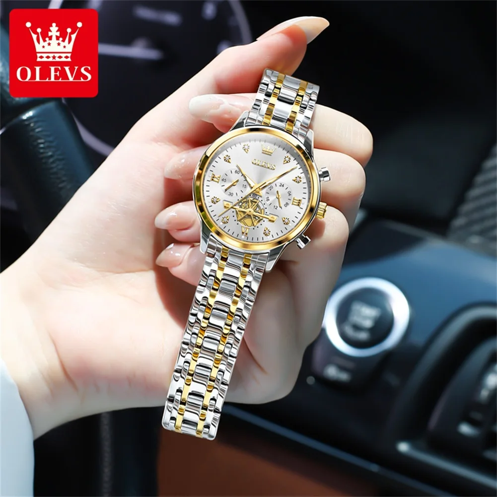 OLEVS 高級ファッションレディース腕時計トップブランドオリジナルクォーツ腕時計女性用防水発光フライホイールクロノグラフ 2897