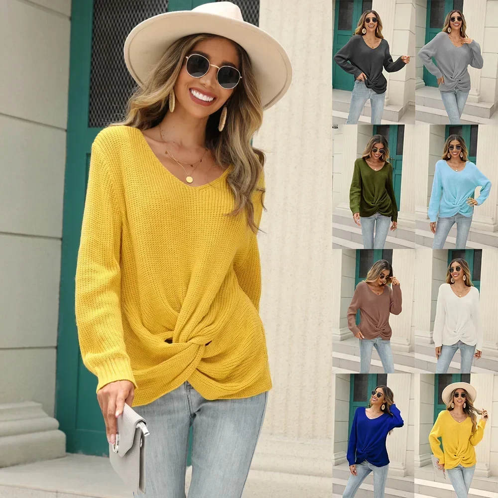 

V-neck Sweater Woman Fall/Winter 2023 New Solid Color Simple Fashion Knitted Sweater for Women