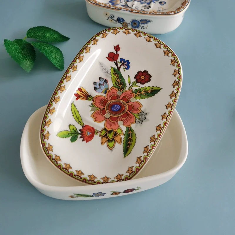 Self Draining Soap Dish, Double-Layer Bar Soap Tray Stylish Bar Soap Tray for Bathroom Kitchen Elegant Gold Trim Design
