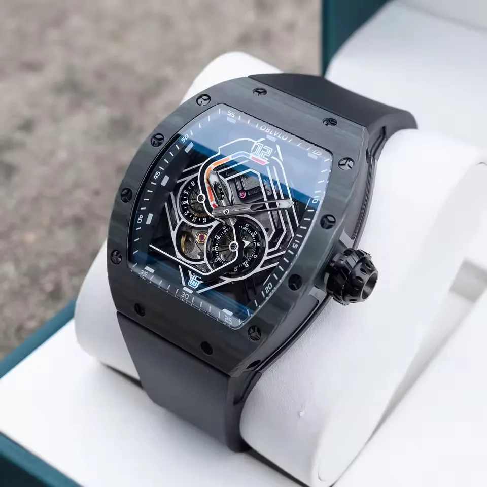 OBLVLO 43mm Men's Automatic Mechanical Watch Tonneau Case Skeleton Racing Dial Sapphire Crystal Luminous 50M Waterproof Fashion