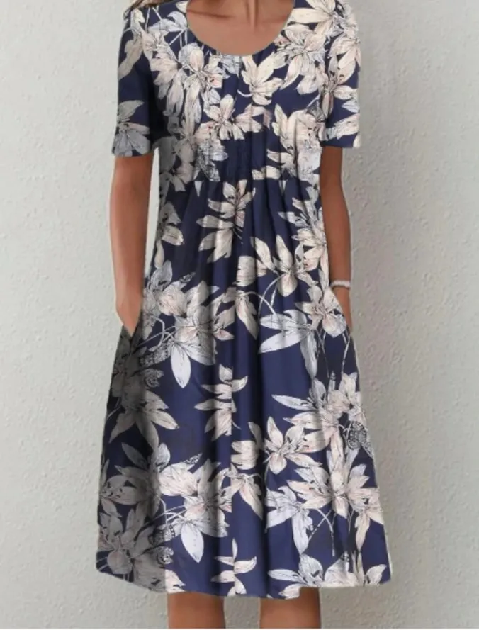 2025 primavera verão vestido feminino moda casual confortável férias floral impressão o-pescoço bolso vestidos de comprimento médio
