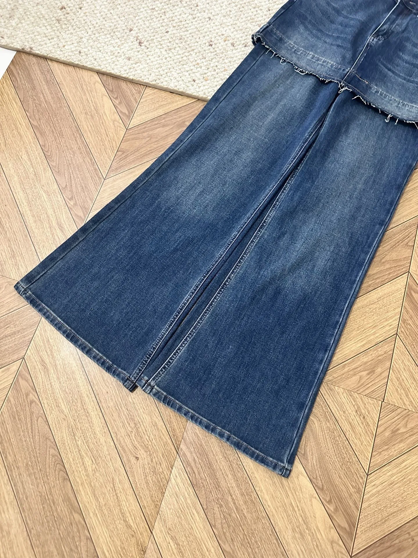 2026 New Arrival Women Fake Two‑Piece Layered Dark Blue High Waist Wide Leg Denim Jeans