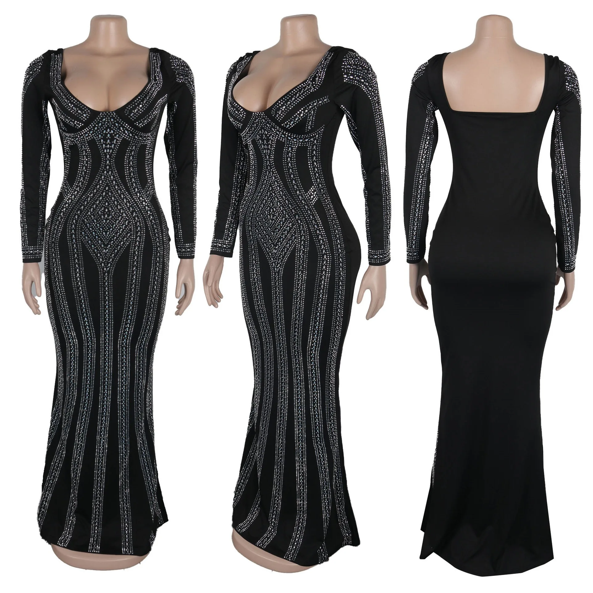 

Nightclub Party Prom Club Sexy Hot Rhinestone Square Neck Wrap Hip Stretch Long Slightly Slim Dresses