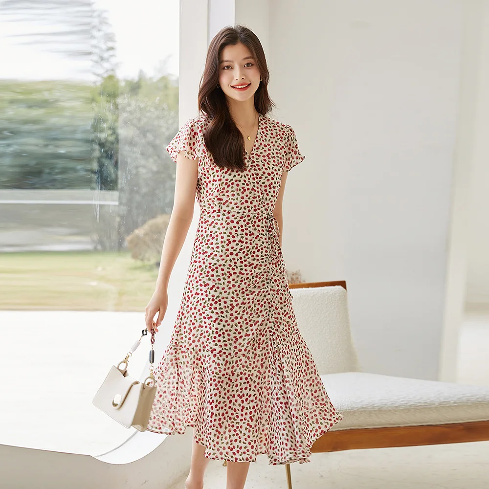 

Summer Stylish and Elegant Irregular Broken Floral Dress for Women with Shirring and V-Neck