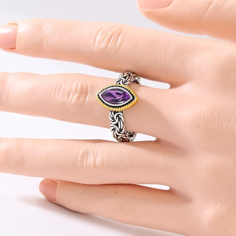 Vintage Inlaid Purple CZ Women's Ring Ethnic Two Color Hand Carving Entangle Daily Wear Party Jewelry Anniversary Gift