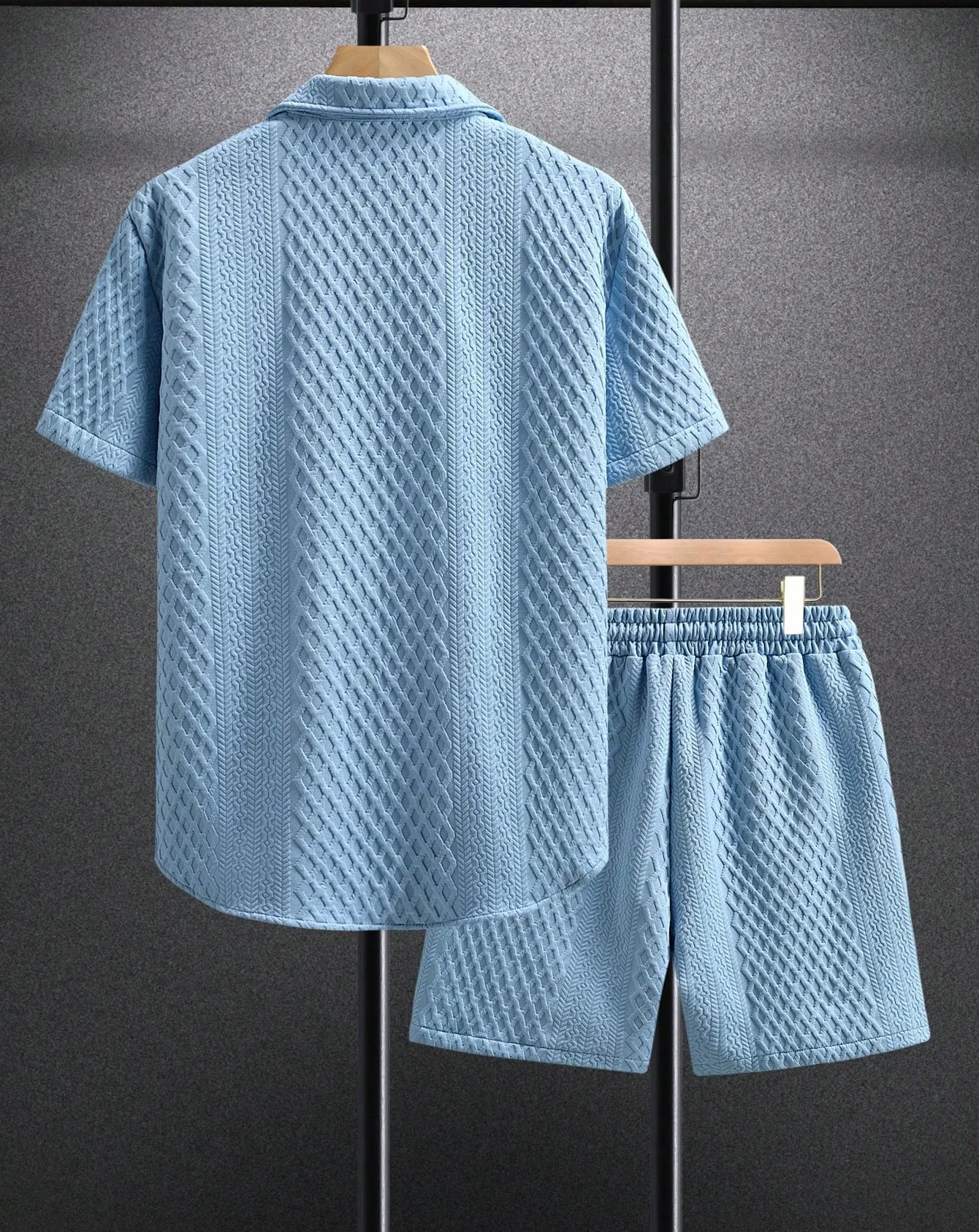Summer New Men's Casual White Sportswear Shirt with A Lapel Men's Short-sleeved Button Shirt and Shorts Jacquard Texture Suit view 6