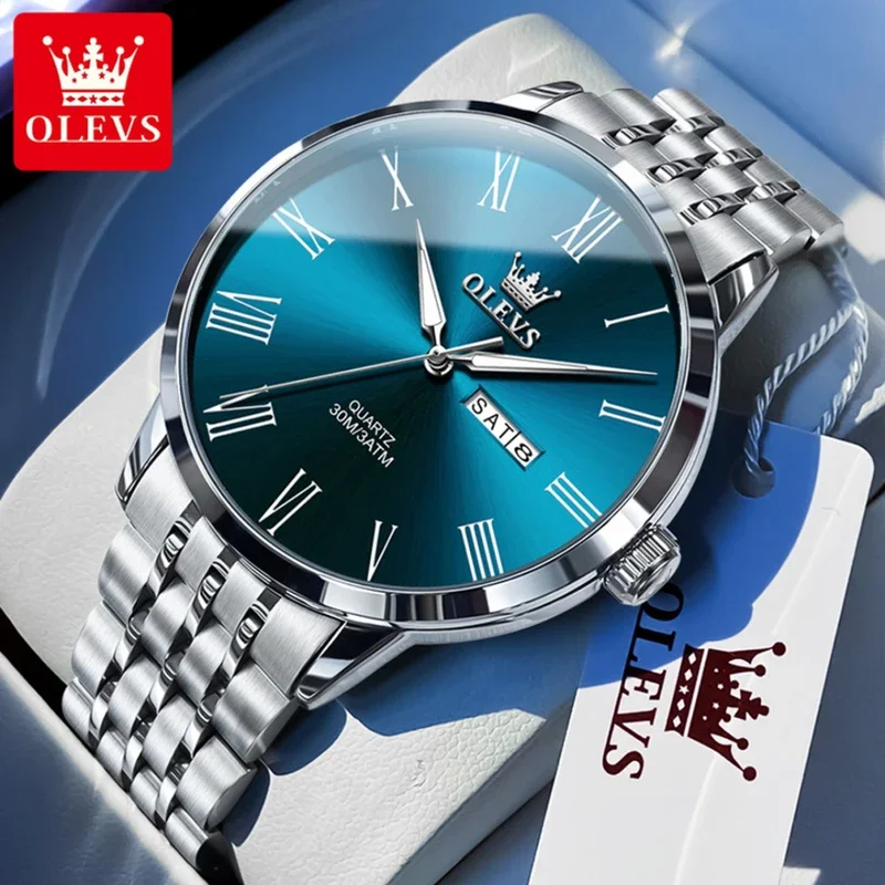 

Olevs 3633 fashion quartz watch round-dial stainless steel watchband wristwatch week display calendar luminous