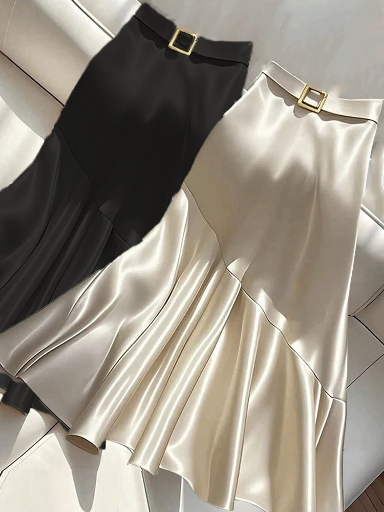 Pop New French Elegant Satin A-line Skirt With Belt All Match Champagne Party Skirt Feminine Clothes Wedding Guest Dresses Luxur