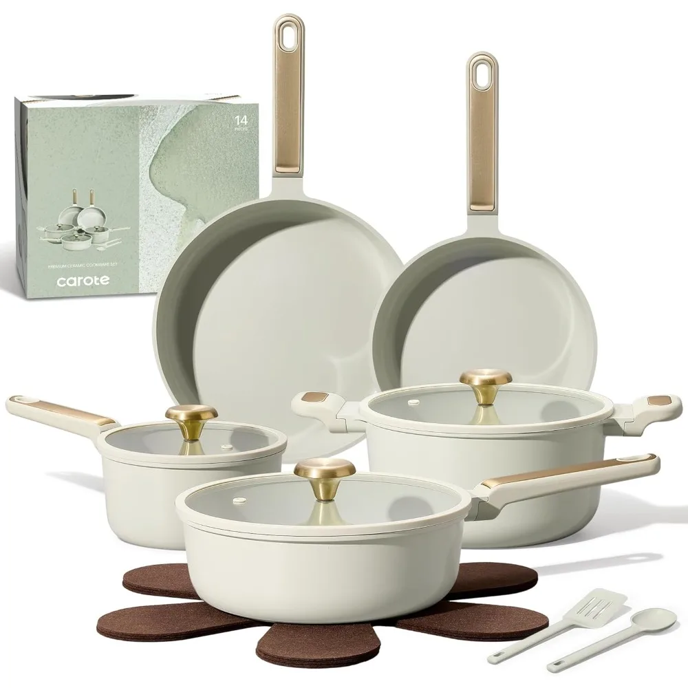 Ceramic Nonstick Cookware Set 14 Pcs Pots and Pans Non Toxic PFAS Free Dishwasher Safe