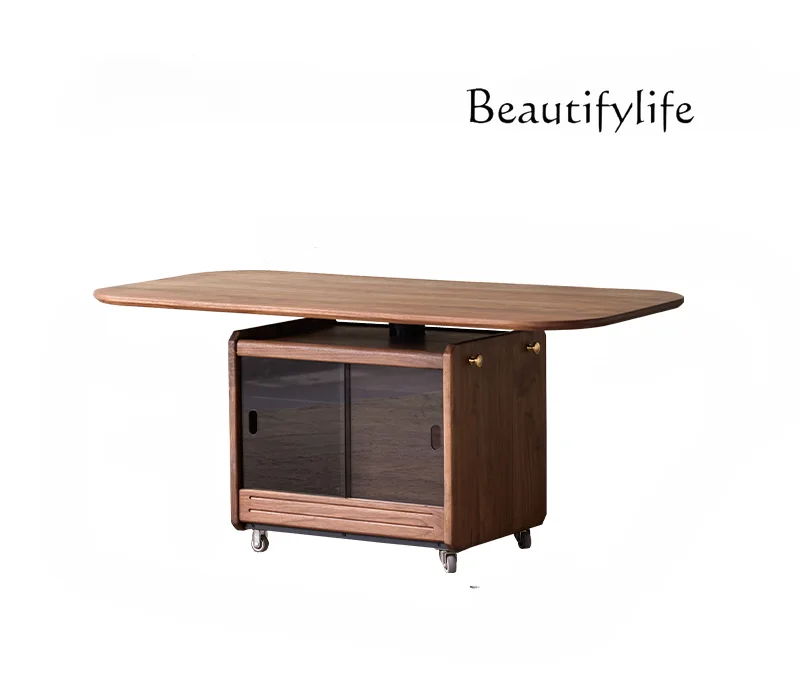 Nordic Solid Wood Lifting Coffee Table Living Room Small Apartment Mobile Tea Table Black Walnut Dining Table Dual-Use