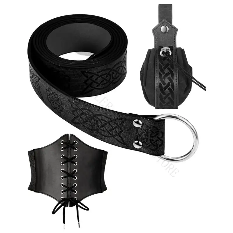 R7UF Accessories Halloween Medieval Costume Belt Set with Corset-Front Waist Cincher, Wide Clasp Belt and Drawstring Bag for