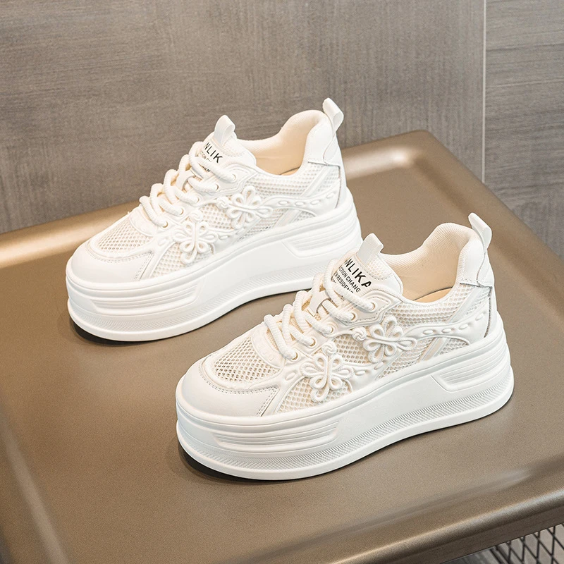 

Womens White Mesh Platform Sneakers Breathable Thick Sole Casual Shoes With Flower Embroidery Lightweight Non Slip For Summer Da