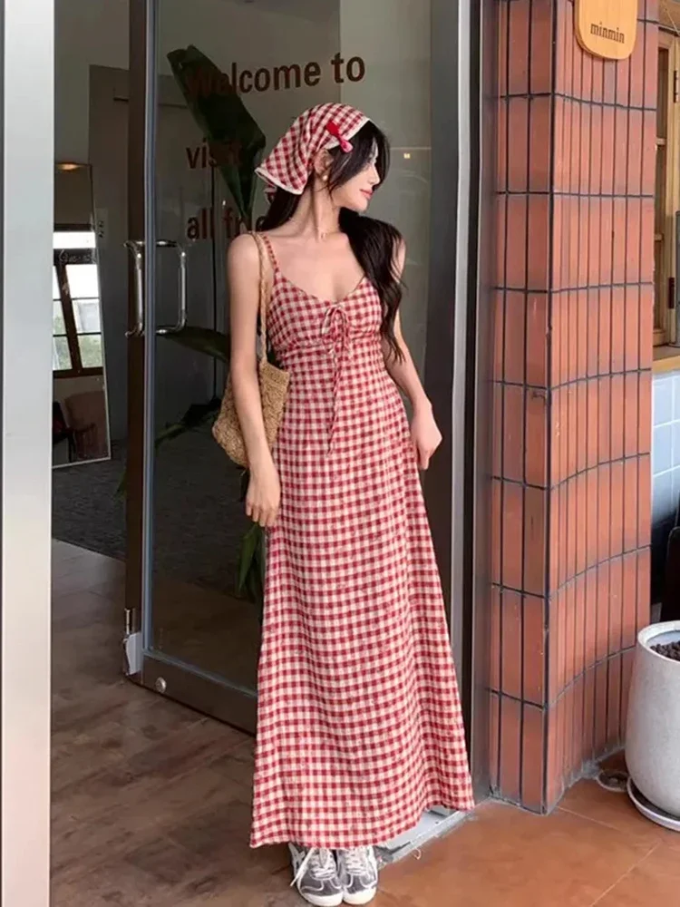 패션 격자 무늬 Camis 드레스 여성 빈티지 휴가 섹시한 백 레이스 스파게티 스트랩 드레스 한국어 슬림 스위트 미디 라인 드레스