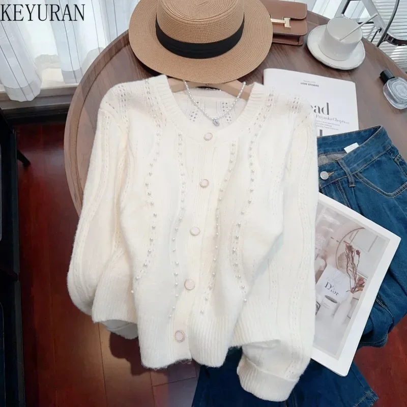 2024 Spring Autumn Knitted Cardigan Women Fashion Casual O-neck Long Sleeve Single Breasted Peals Beading Sweater Knitwear Tops