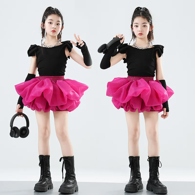 

Kid Kpop Hip Hop Clothing Black Bowtie Tank Top Rose Mini Bubble Skirt for Girls Jazz Stage Performance Dance Costumes Clothes